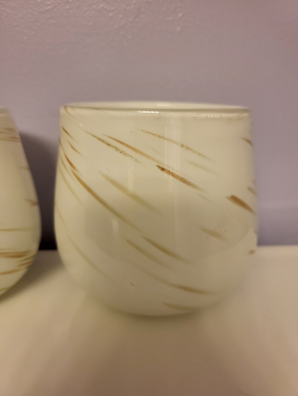 Set of 2 Murano Handblown White Glass Votive Holders with Gold Brushstrokes - Picture 2 of 13